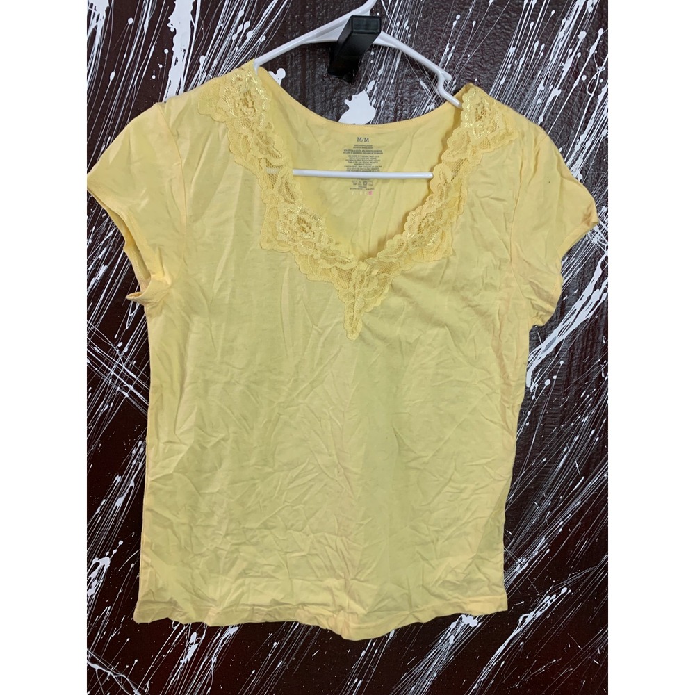 Victorias Secret PINK Yellow Lace Trim V-Neck Short Sleeve T-Shirt Medium